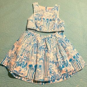 EUC Rare Lilly Pulitzer Melody Crop Top Skirt Set, Size 12 Blue Toile Palm Beach